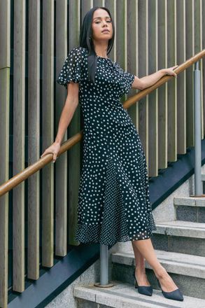 Roman Spot Print Godet Hem Midi Dress