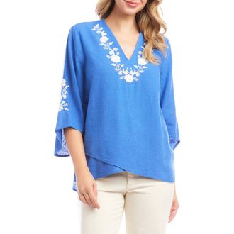 Karen Kane Floral Embroidery Detail Linen Blend Top in Cornflower Blue at Nordstrom, Size Large