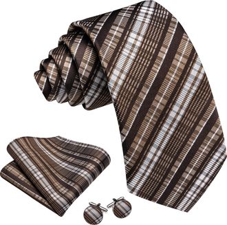 Barry.Wang Mens Brown Tie Tartan 63inch Extra Long Checked Silk Necktie Pocket Square Cufflinks Set Classic Wedding Formal