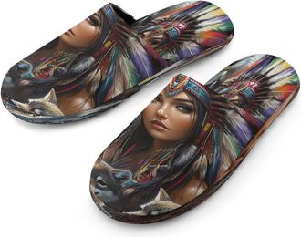 Generic Native Indian U.S. Women Wolf Mens Cotton Slippers Memory Foam Comfort House Shoes Winter Indoor Slipper for Hotel Casa Spa