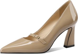 TinaCus Womens Pointed Toe Handmade Buckle High Spool Heels Patent Leather Pumps Shoes, Apricot, 5.5 UK