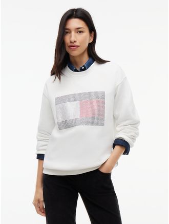 Tommy Hilfiger Womens Tommy Jeans Rhinestone Flag Sweatshirt - Ecru - XXS