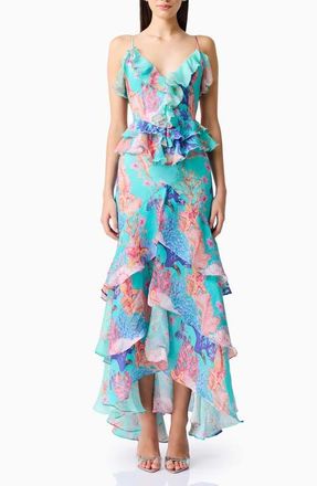 Elliatt Coral Print Tiered High-Low Gown in Blue Multi at Nordstrom, Size Xx-Small