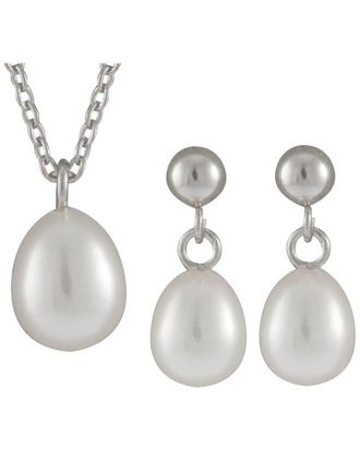 Splendid Pearls Rhodium Plated 6-6.5Mm Pearl Cz Necklace & Earrings Set