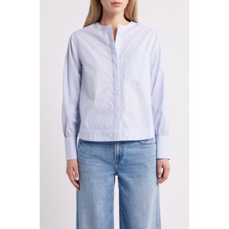 Caslon Metallic Pinstripe Cotton Blend Button-Up Shirt in Blue- White Silver Stripe at Nordstrom Rack, Size X-Large