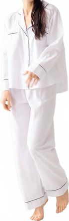Salua Classic Flannel Pajama Top And Pants Set In White/navy