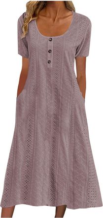Generic Womens Summer Hollow Dresses Solid Color Buttons Pullover Dress Ladies Short Sleeve Swing Loose Long Dress V Neck Midi Dress Spring Summer Flowy Loose
