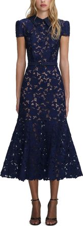 Self Portrait Navy Guipure Lace Midi Dress with Puff Sleeves