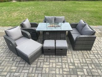 Fimous 9 Seater Rattan Garden Furniture Set Propane Gas Fire Pit Table & Sofa Chair set with 3 Footstool in Dark Grey