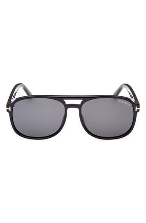 Tom Ford Rosco 58mm Navigator Sunglasses in Shiny Black /Logo /Smoke at Nordstrom