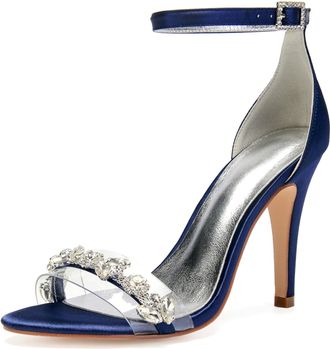 Generic Wedding Bridal Shoes Womens Peep Toe Bridal Stiletto Heel Sandals Satin Prom Party Dress Pumps 10.5CM,Dark Blue,9 UK
