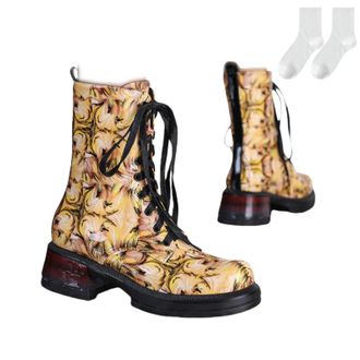 Generic Womens Colorful Lace-Up Ankle Boots, 5.5Cm Block Heel Riding Boots, Fashionable Mid-Calf Boots with Abstract Pattern, Comfortable Winter Boots for Eve