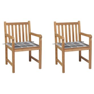 vidaXL Sillas De Jard&iacute;n 2 Uds Madera De Teca Y Cojines A Cuadros Gris Vidaxl