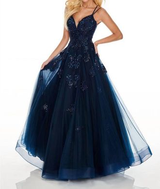 Rachel Allan Beaded Lace Strappy Tulle Prom Gown In Navy