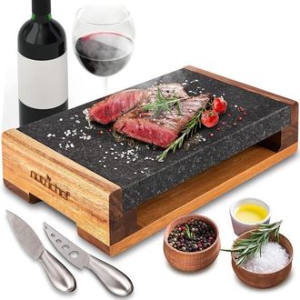 Nutrichef Nutrichef Set Grilla in Pietra, Piastra in Lava per per Grigliare Carne con Coltelli in Acciaio Inossidabile, Riscalda e Mantiene il Gusto