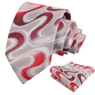 Alizeal Mens Ripple Patterned Necktie and Hanky Colorful Gradient Novelty Tie and Pocket Square Set, Gray+Red