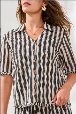 Tribal Short Sleeve Button Front Shirt In Black