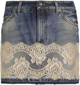 Dolce & Gabbana Mini Skirt In Denim With White Lace