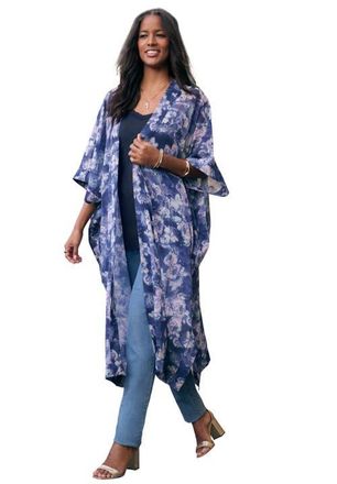 Roaman's Plus Size Flowy Chiffon Duster in Navy Spray Floral at Nordstrom, Size X-Large