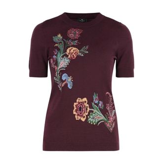Etro Truien & Vesten, Dames, Rood, S, Geborduurde Gebreide Trui met Korte Mouwen