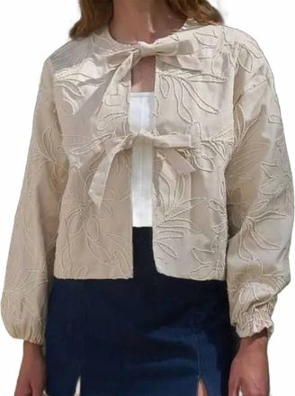 Moon River Tied Front Embroidered Floral Jacket In Beige
