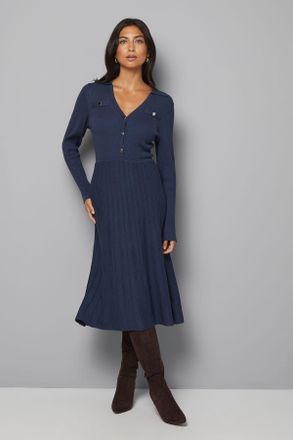 Wallis Womens Statement Button Pleated Knitted Dress - Navy Viscose - Size X-Large