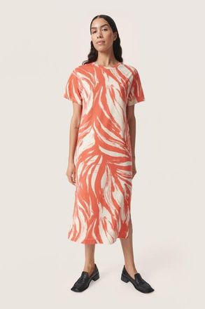 Soaked In Luxury Eva Short Sleeve Crew Neck Midi Dress in Hot Coral Wave at Nordstrom, Size X-Small