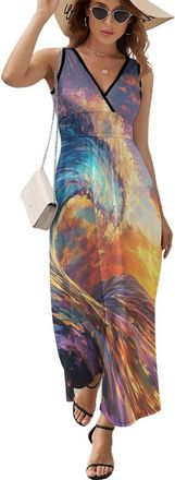 Generic Ocean Wave Womens Summer Dresses Maxi Casual Sleeveless Dress Swing Sundress for Beach 2XL