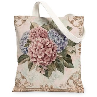 Generic Spring Aesthetic Hydrangea Canvas Tote Bag for Shopping 13x15, Vintage Retro Floral Reusable Grocery Print Bag for Women, Abstract Flower Beach Aesthe