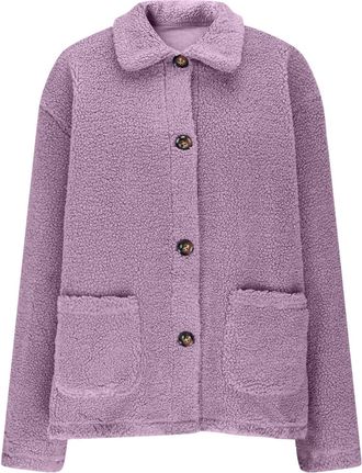 Generic Women Fuzzy Fleece Jacket Stand Collar Fall Winter Warm Sherpa Jackets Women Button Up Fleece Cardigan Coat Outerwear with Pockets