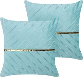 Beliani Conjunto De 2 Cojines Azul Claro Dorado 45 X 45 Cm Poli&eacute;ster Glamour Coneflower