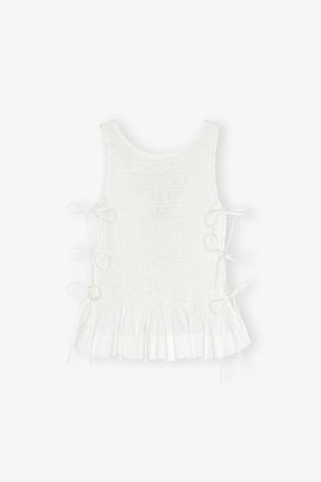 Ganni White Top in Smocked Cotton - Size 10/12 Organic