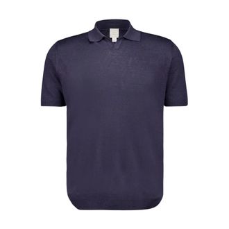 120% Lino Polo Shirts, male, Blue, 2XL, Navy Blue Linen Knit Polo Jumper