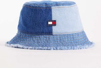 Tommy Jeans Cappello da pescatore in denim blu patchwork con logo