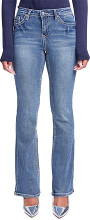 YMI Womens Mid Rise Heavy Stitch Bootcut Cross Studded Jeans, N Indigo Blue, 1