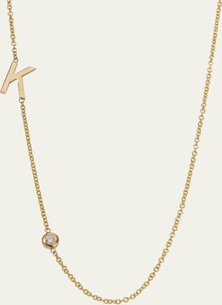 Zoe Lev Jewelry 14K Gold Asymmetrical Initial and Bezel Diamond Necklace, 16-18L