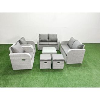 Fimous 8 Seater Outdoor Reclining Chair Love Sofa Set Rattan Garden Furniture Set with Square Coffee Table 2 Stools Light Grey - Fimous
