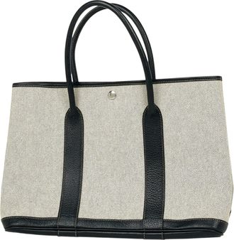 Herm&egrave;s Black Gray Toile H Leather Tote Bag (Pre-Owned)