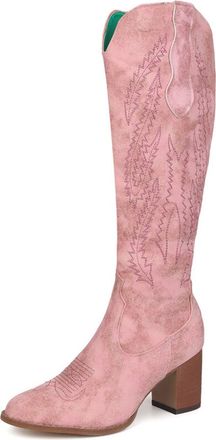 Generic Womens Pointed Toe Western Cowboy Boot Chunky High Heel Long Boots with Embroidery Stitched PU Leather Knee High Boots with Zipper,Pink,6.5 UK