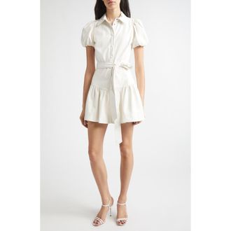 Alice & Olivia Henrietta Tie Belt Faux Leather Tiered Mini Dress in Off White at Nordstrom, Size 10