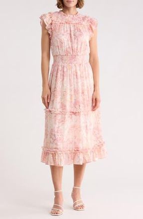 CeCe by Cynthia Steffe Floral Ruffle Sleeve Tiered Midi Dress in Silver Blush at Nordstrom Rack, Size X-Small