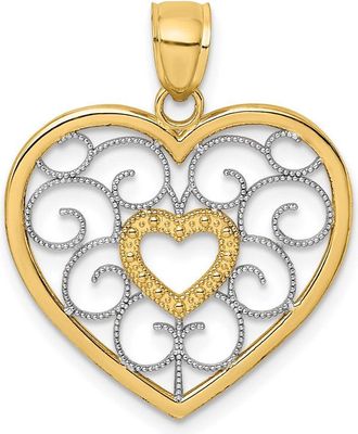 Diamond2Deal 14k Yellow Gold and White Rhodium Filigree Heart Charm Pendant
