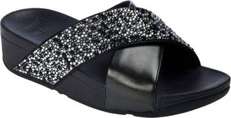 FitFlop Womens Lulu Crystal Mix Metallic Cross Wedge Slides In All Black