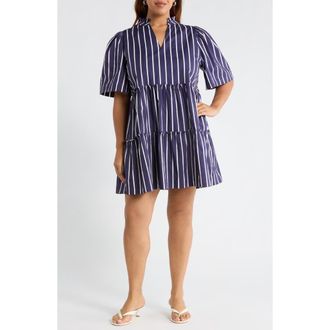 Sugarlips Stripe Split Neck Trapeze Dress in Navy-Wht-Stripe at Nordstrom, Size 1 X