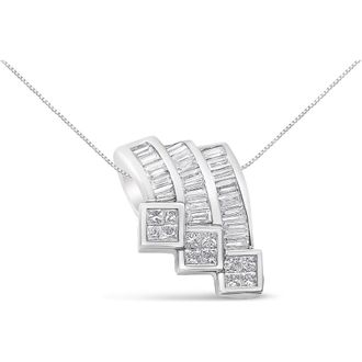 House of Brilliance 14K White Gold 1 1/2 Cttw Invisible Set Princess and Channel Set Baguette-cut Diamond Triple Curve Pendant Necklace (G-H Color