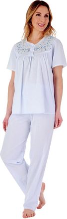 Slenderella PJ3271 Womens Blue Cotton Embroidered Pyjama Set Small