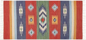 Beliani Alfombra Kilim De Algod&oacute;n Rojo Azul Verde Amarillo 80 X 150 Cm A Mano Geom&eacute;trico Borlas Kamaris