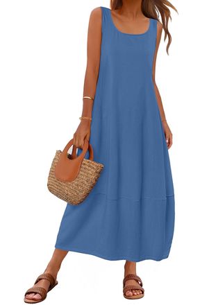 Merokeety Womens Boho Maxi Sundress 2025 Summer Beach Dress Scoop Neck Sleeveless Loose Tank Dress, Darkblue, XL