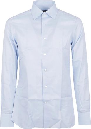 Ermenegildo Zegna Micro-patterned overhemd met lange mouwen - Heren - Zakelijke Overhemden - Blauw - M - Katoen - Overhemden