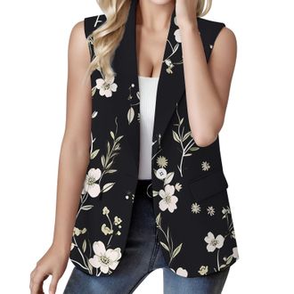 Generic Womens Floral Sleeveless Blazer Vest with Pocket Shawl Collar Button Down Waistcoat Ladies Casual Loose Gilet for Autumn/Winter Suit Jacket Vest Black